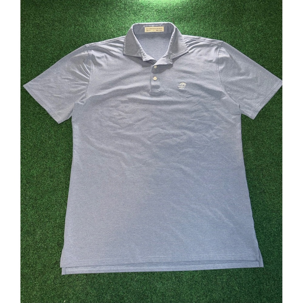 Holderness & Bourne Mens Tailored Fit Polo Shirt Blue Striped Palm Tree Logo L